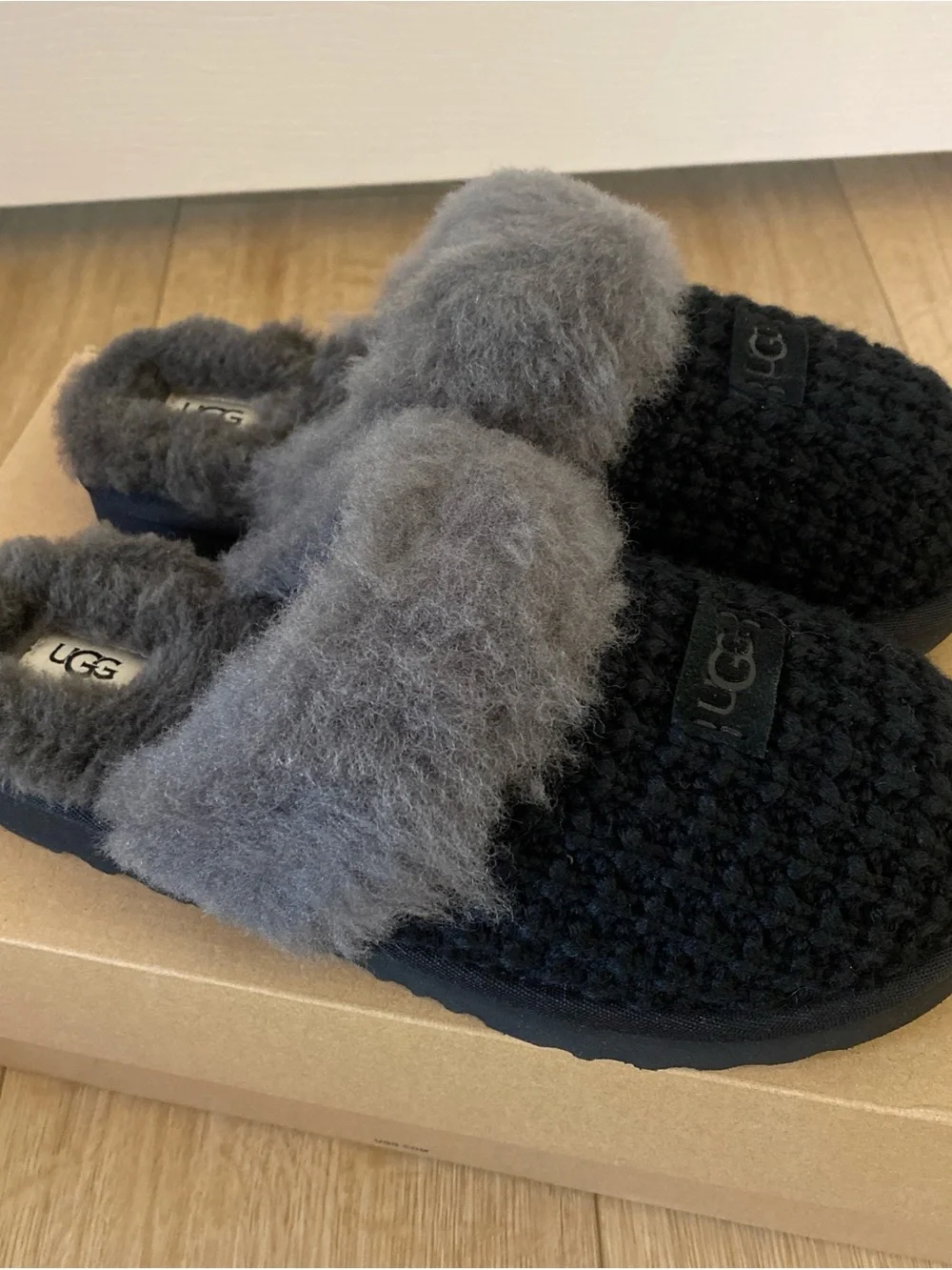 UGG Black Knit Slippers with Gray Shearling Cuff